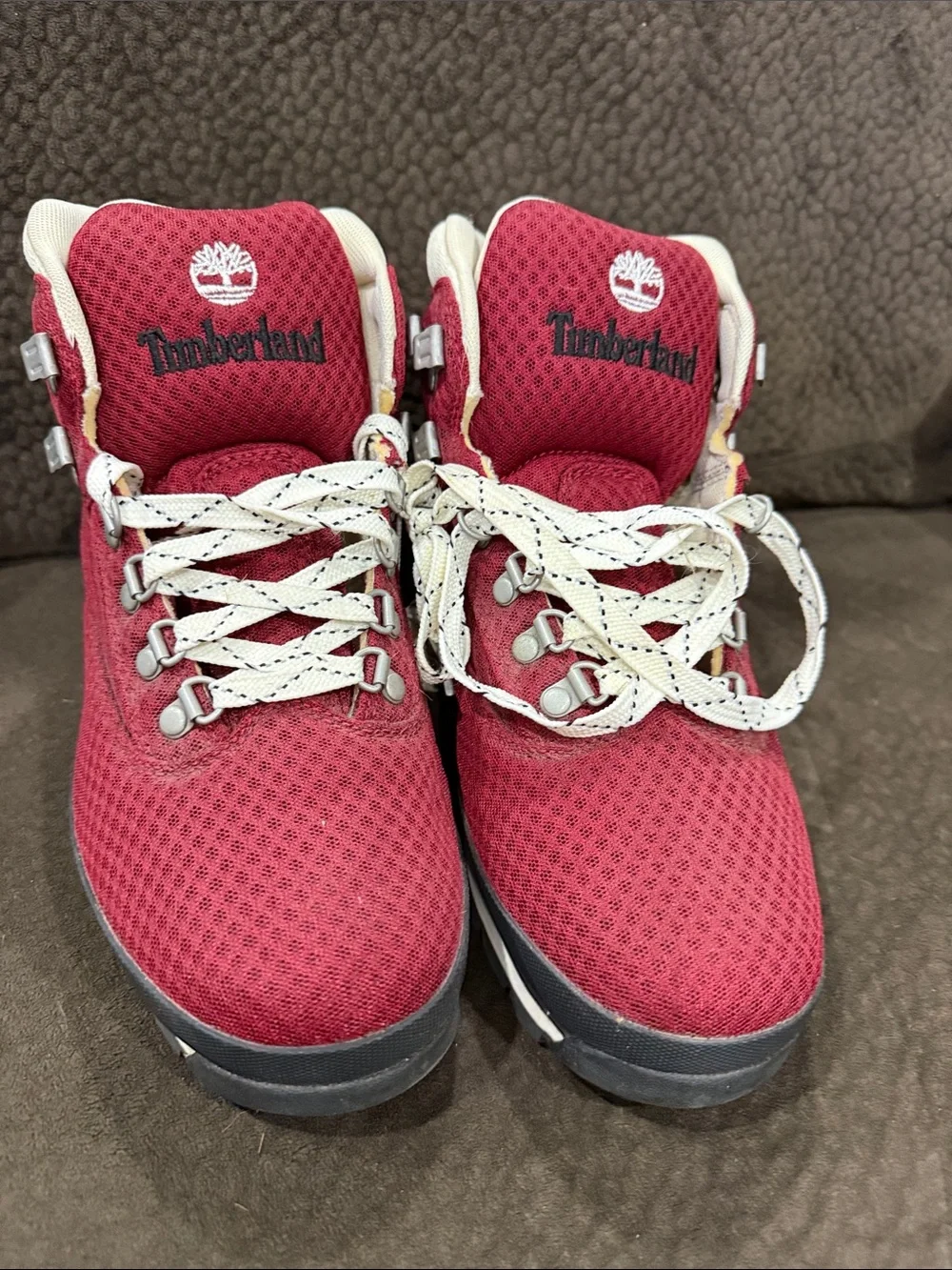 Timberland Mens Burgundy Mesh Hiking Boots with Cream Laces - Picture 1 of 6
